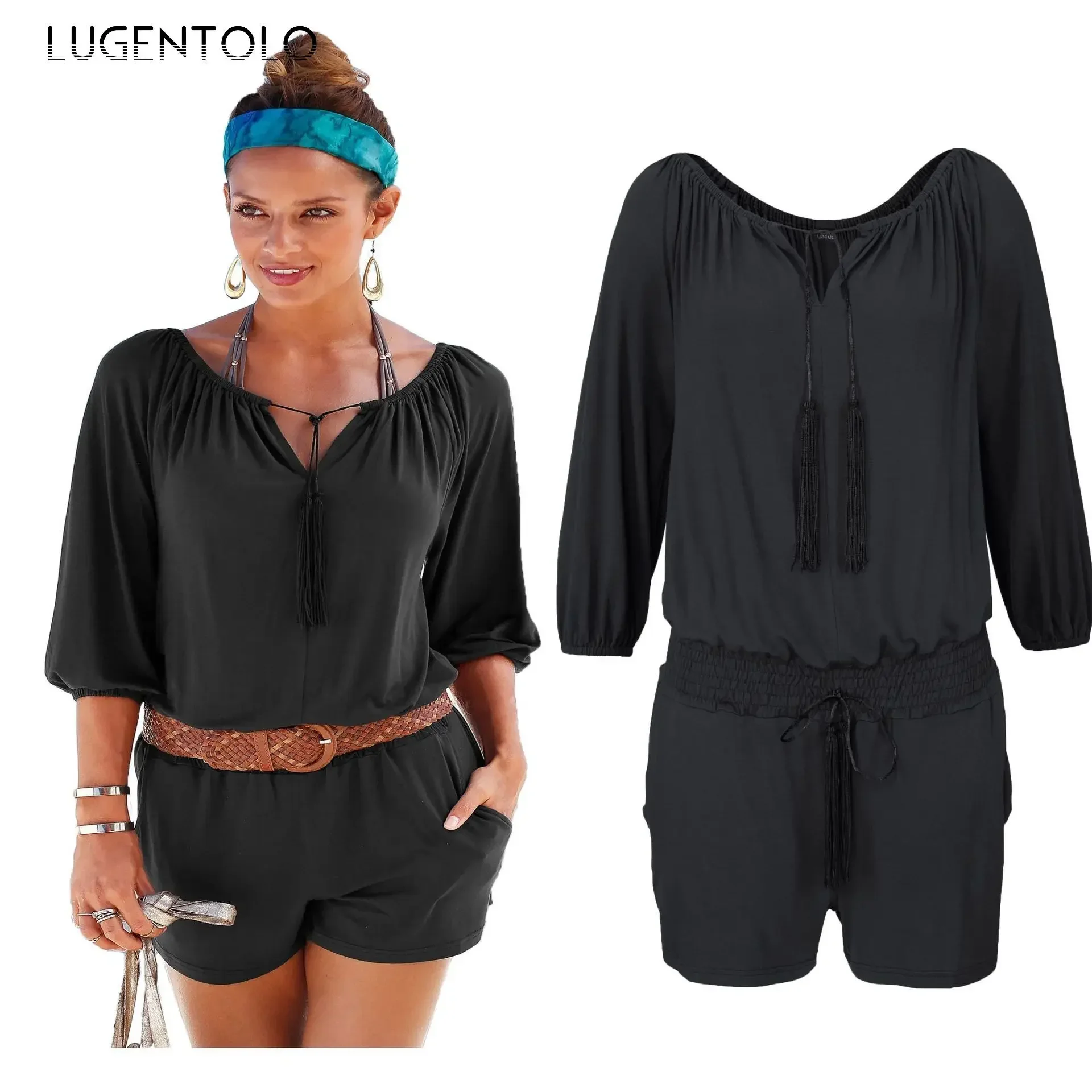 

Sexy Playsuits Women Beach Deep V-neck Summer Half Sleeve Black Loose Pocket Female Casual Tassel Short Rompers Lugentolo