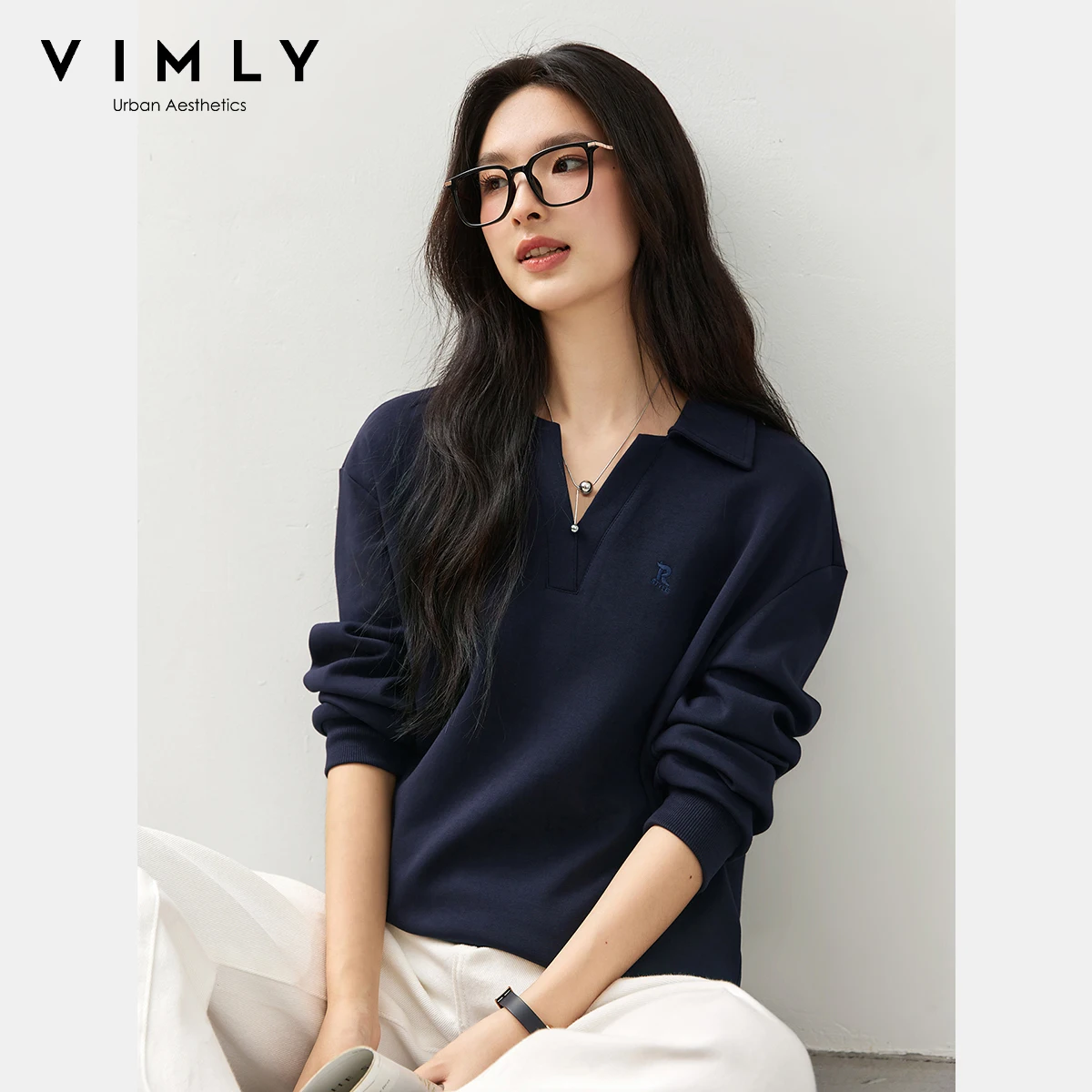 VIMLY Navy Blue Women's Sweatshirts 2025 Autumn Embroider Letter V-neck Turn-down Long Sleeve Thin Knitted Woman Pullovers A2057