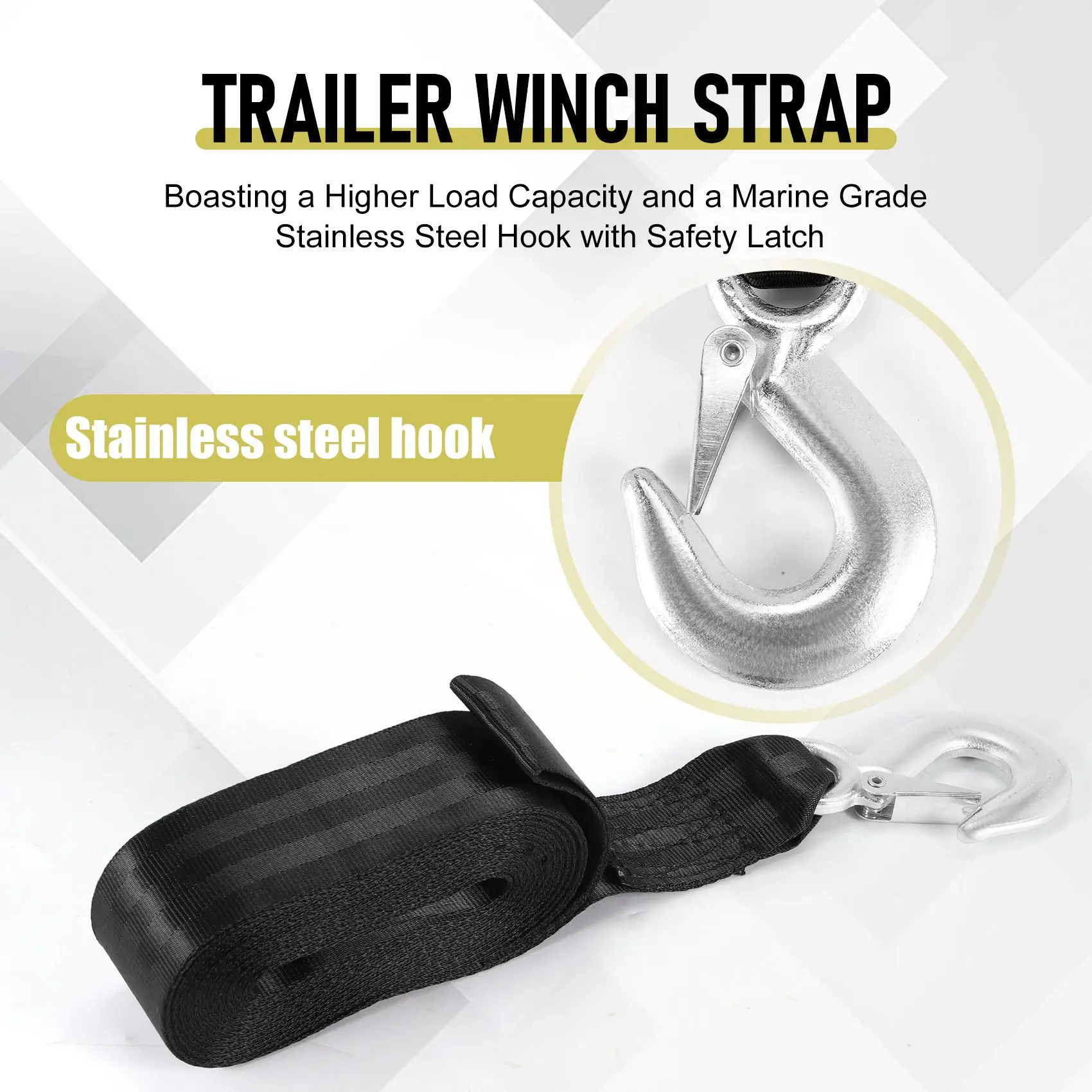 Boat Trailer Winch Strap Replacement With Hook For Boat, Fishing Jet Ski,Towing Replacement Securing Tie Down Marine-A00E