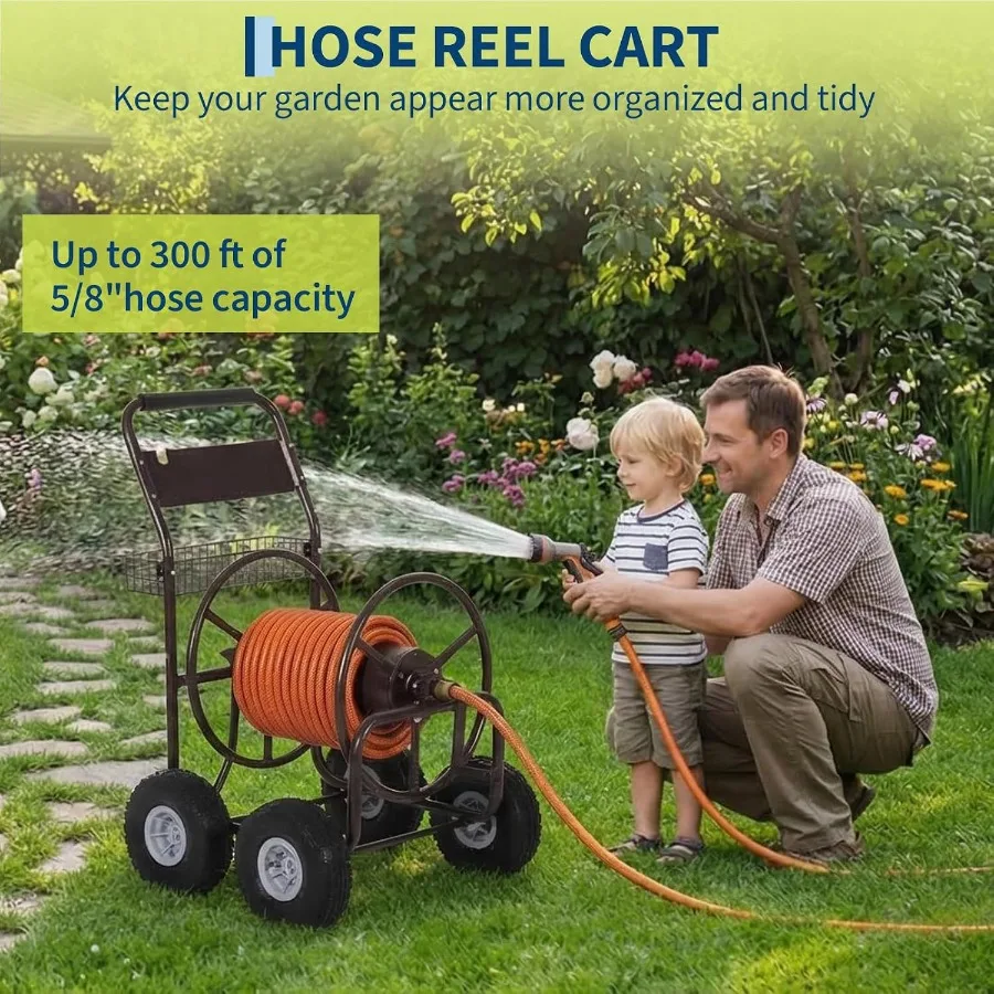 Garden hose reel cart for outdoor use, powder-coated steel, black, holds up to 300 ft of 5/8'' hose with 4 wheels and storage b