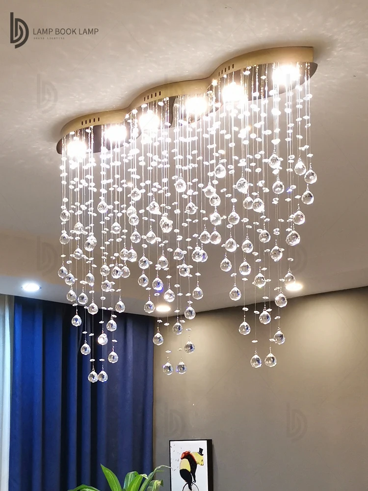 

Restaurant Bead Curtain Crystal Chandelier Cafe American Bar Decoration Long Plate Three-color Dimming Water Drop Pendant Light