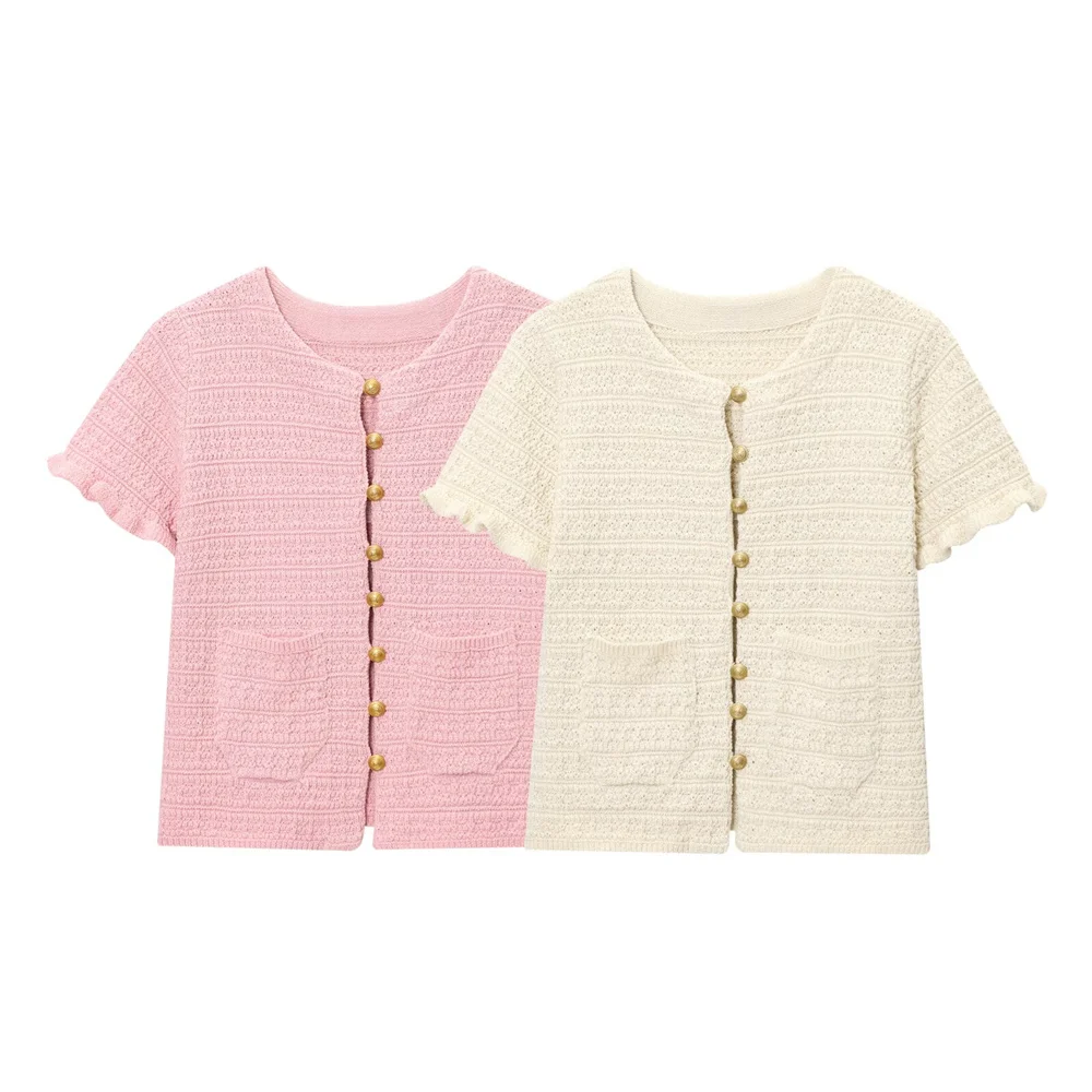 

BMURHMZA women's summer new product round neck short sleeved single breasted casual layered decorative knitted jacket