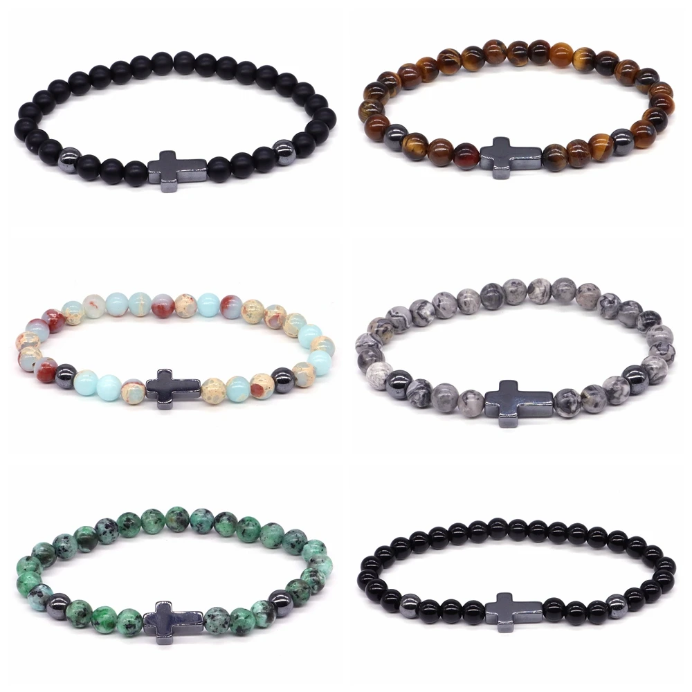 Natural Stone Crysta Beads Rosary Hematite Cross Bracelets Onyx Prayer Meditation Gems Bracelet Women Yoga Bangle Jewelry Gifts