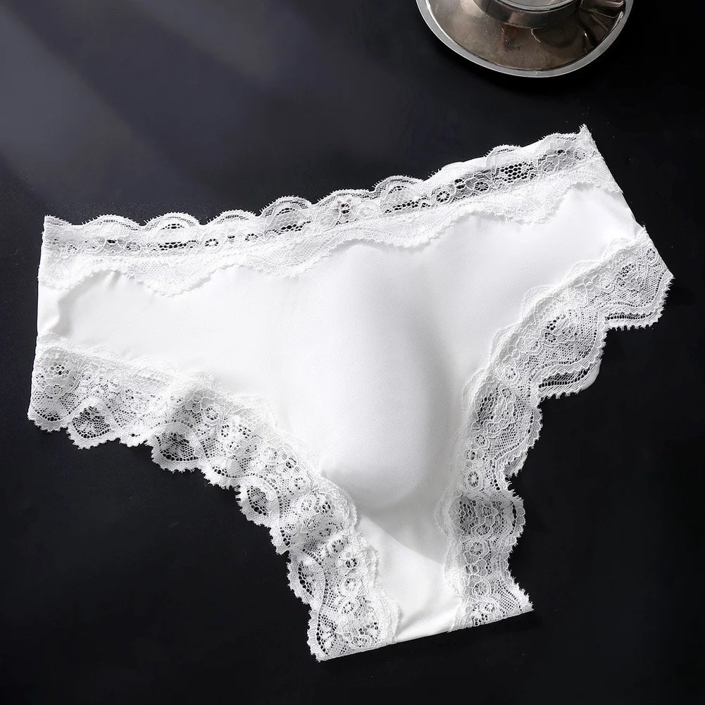 Men's Lace Seamless Ice Silk Briefs Underwear 3D Bulge Pouch Low Waist Panties 3D Bulge Pouch High Elastic Lingerie Panties