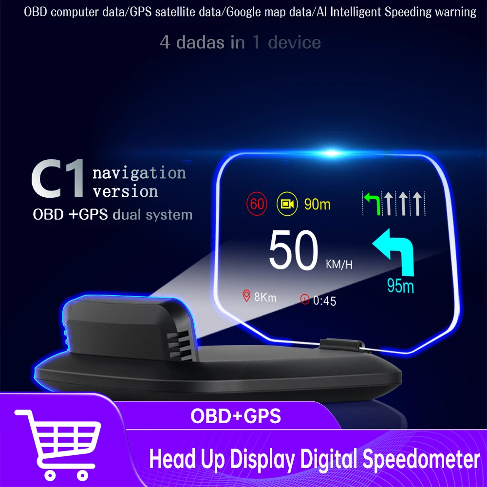 

Head Up Display C1 OBD2+ GPS Dual System Digital Speedometer Water & Oil Temp RPM navigation Overspeed Warning Projection