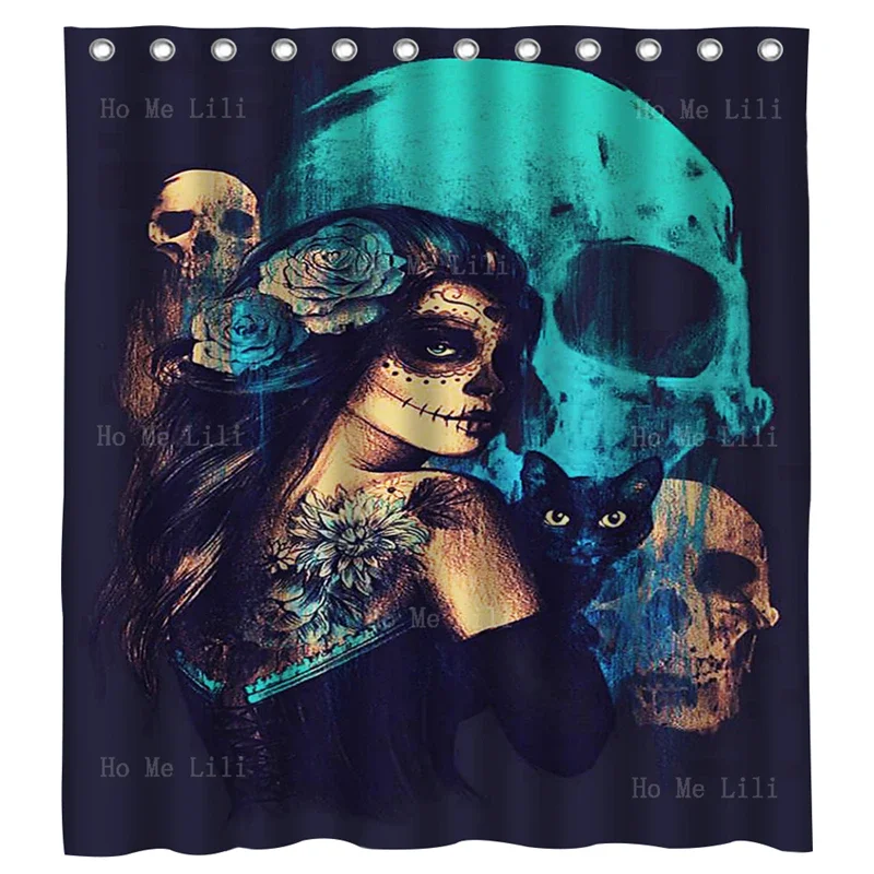 Sugar Skull Couple Halloween Mask Beauty Day Of The Dead Girl Guns N Roses Rock And Roll Gothic Shower Curtain By Ho Me Lili