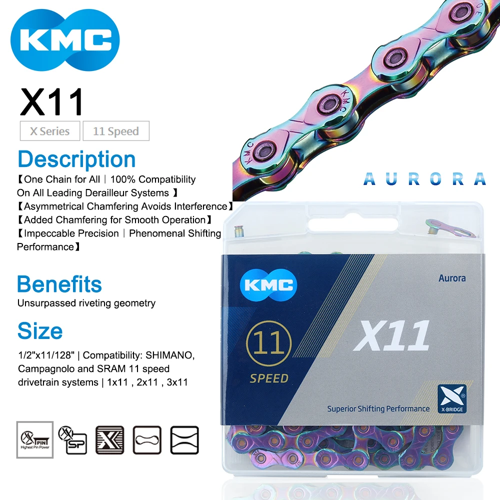 KMC X10 X11 X12 Bicycle Chain Road Mountain Bike 10/11/12Speed Bicycle Aurora Chain Compatible for SHIMANO Chain with Links Lock