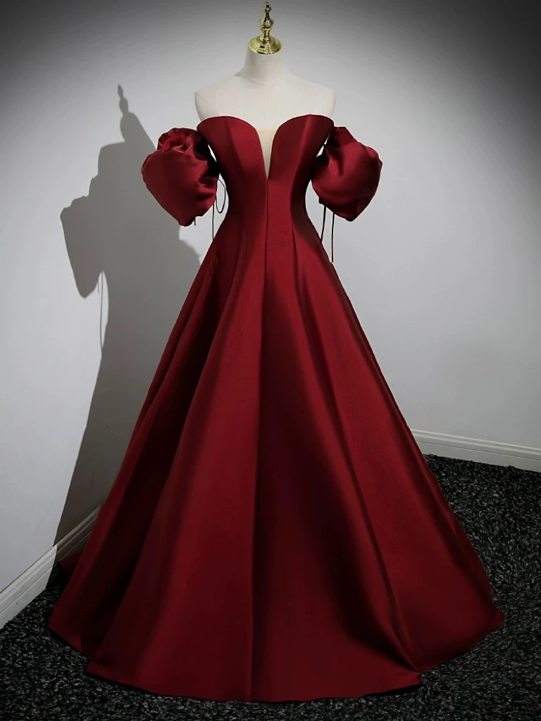Weinrote A-Linie-Abschlussballkleider, schulterfrei, kurze Puffärmel, Prinzessin, langes Maxikleid, formelle Anlässe, Hochzeit, Abendkleid, Party