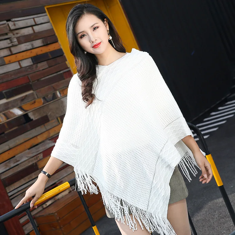 European American Autumn Winter Fashion Leisure Tassel Knitted Shawl Sweater Shawl Women Winter Lady Cloak White