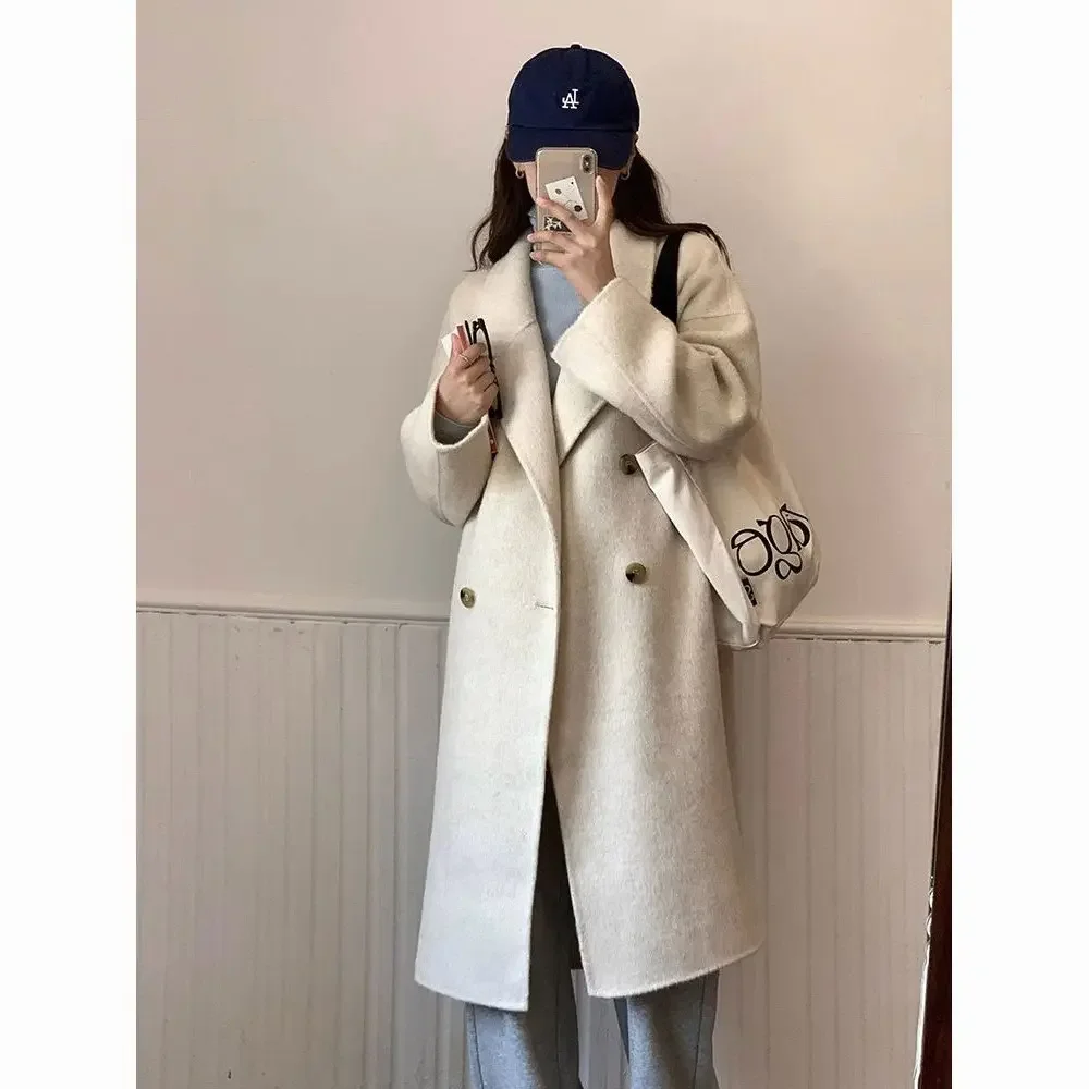 Plus Size Autumn/Winter Casual Korean Style Double Row Buttoning Sensible Design Medium Length Woolen Coat Women's Jacket