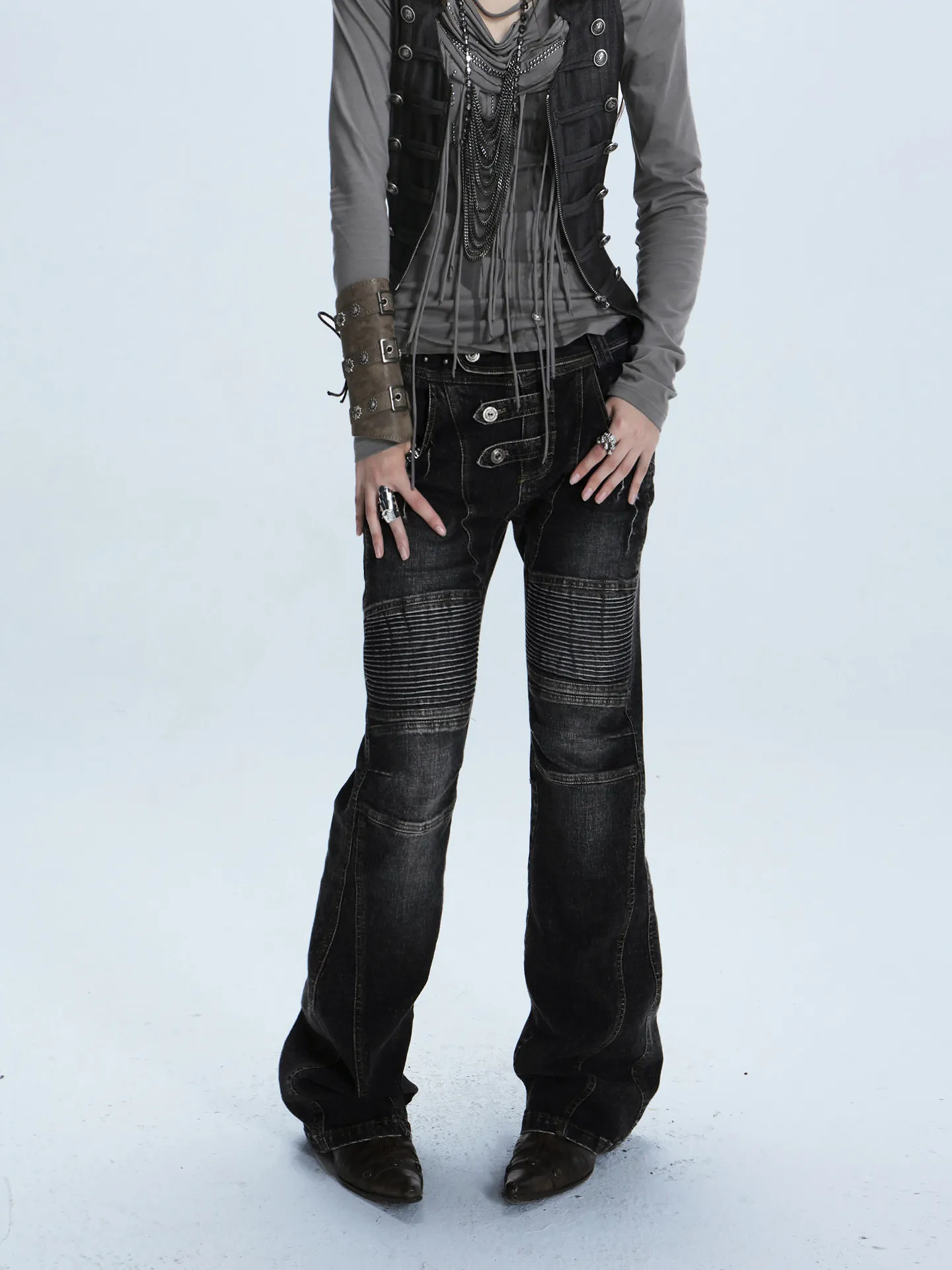 

Женские джинсы с низкой посадкой в мотоциклетном стиле, повседневные брюки, ретро-стиль, с эффектом потертости, в стиле хип-хоп, готические, зауженные джинсы