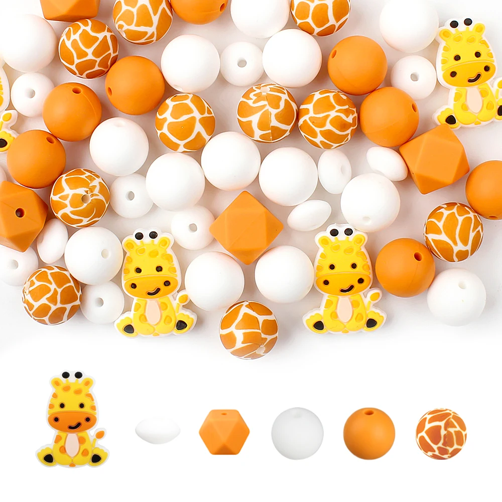 20pcs Silicone Focal Beads Set Giraffe Elephants Printed 15MM Round Teething Beads Baby Teether DIY Pacifier Chain Accessories