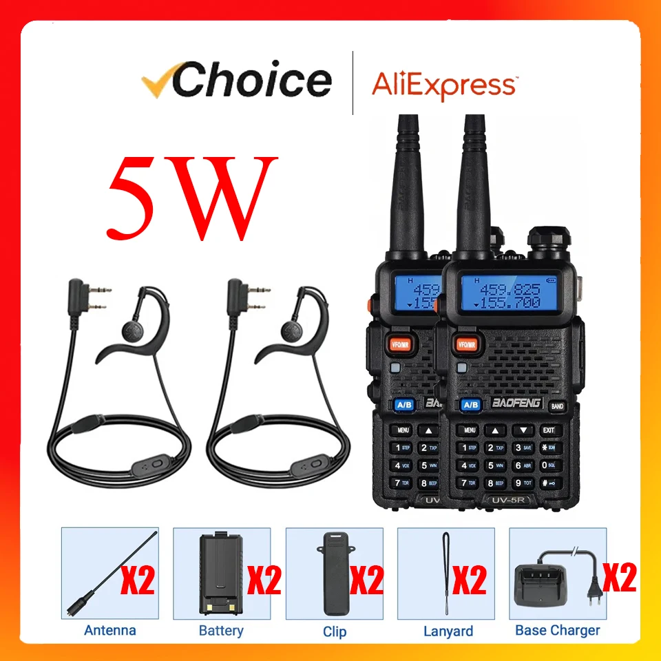 2 uds BAOFENG UV-5R 5W 8W Radio bidireccional de doble banda de alta potencia Walkies portátiles de mano de largo alcance Talkies para caza