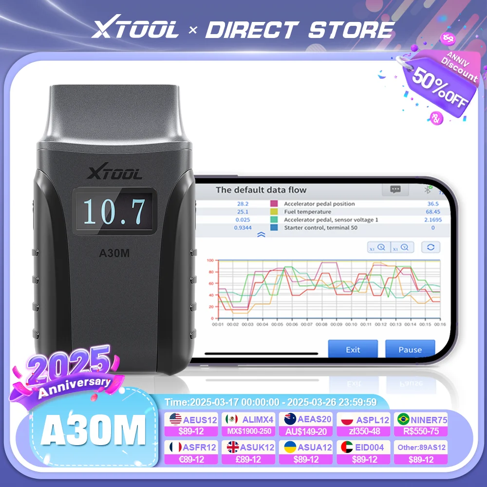 XTOOL Anyscan A30M OBD2 Scanner Bluetooth Diagnostic Tools Automotive Scanner Lifetime Free Update Bidirectional Built-in CAN FD