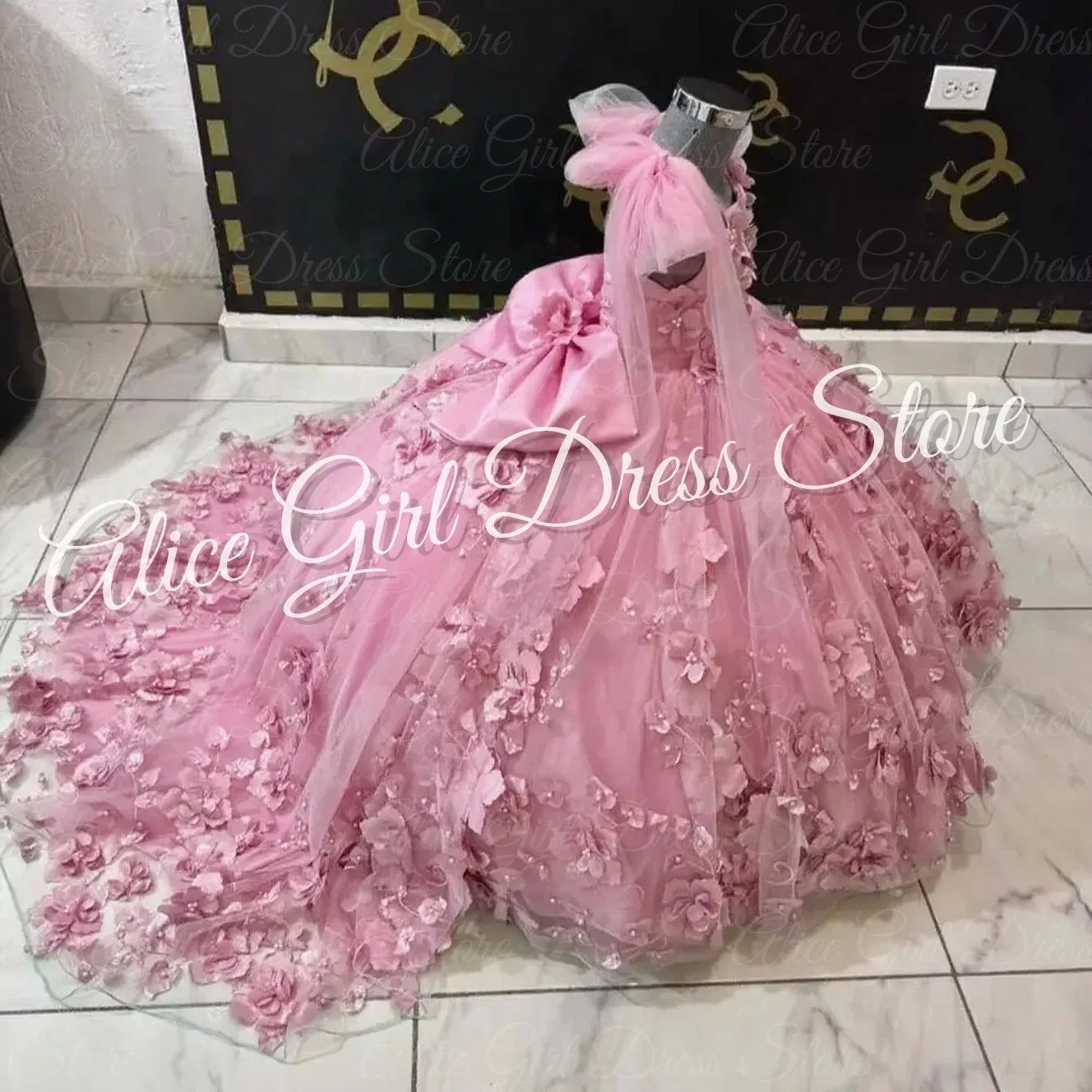 Customized Pink Ball Gown Dress Bow 3D Floral Lace Appliques Kids Flowers Girl Dress for Wedding Birthday Party Evening Dress