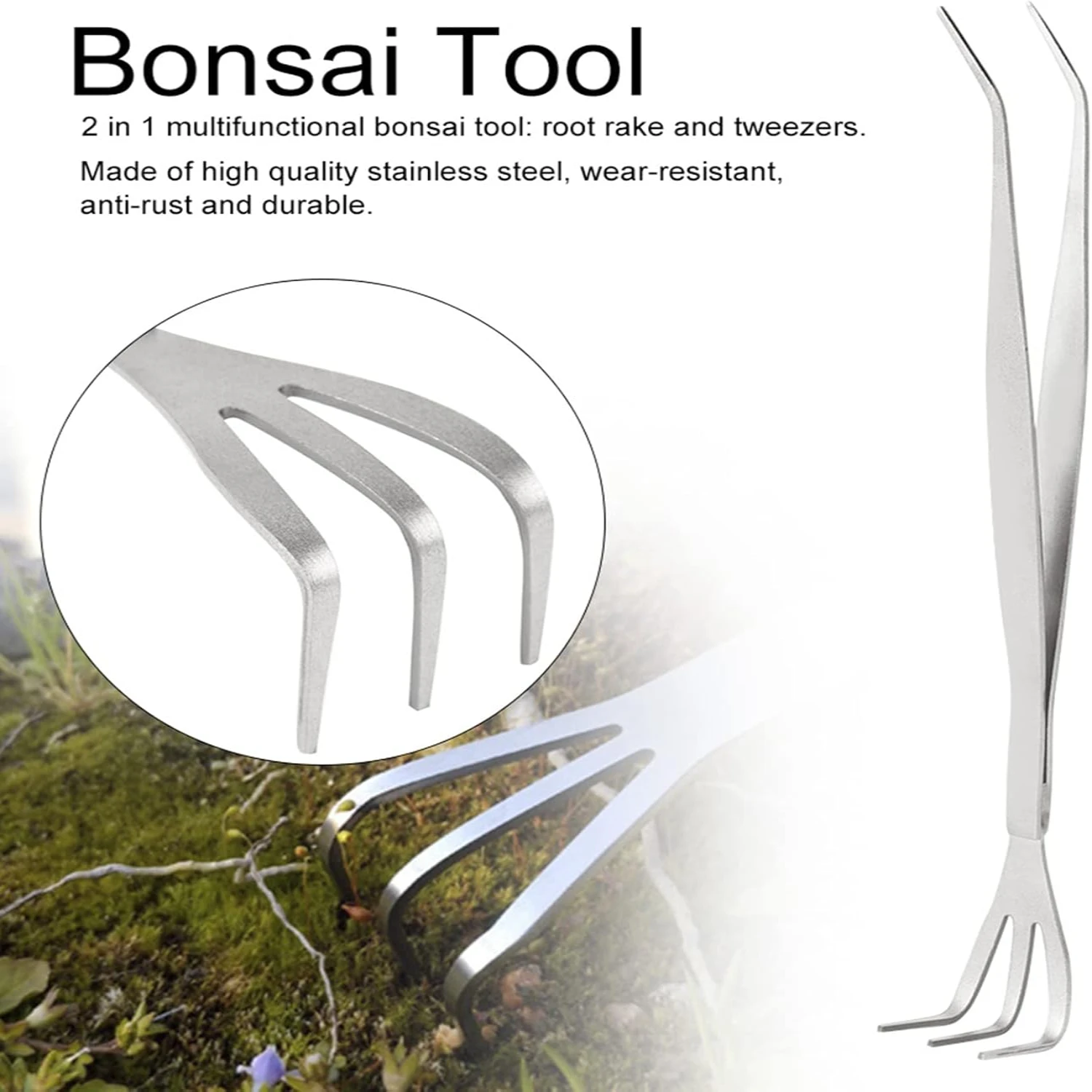 Rake，9.8in 2-in-1 Stainless Steel  Rake  Prong  Rake Loosen Soil  Tools Ergonomic Handle Tweezers for Gardening Plants