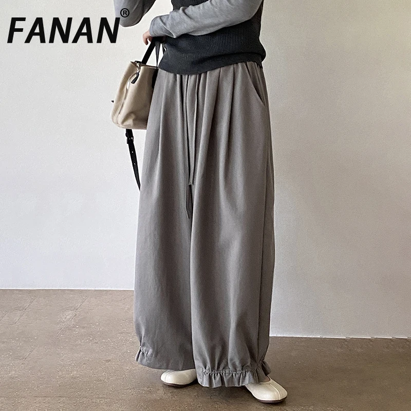 FANAN Women Drawstring Elastic Waist Wide Leg Pants Ruffle Hem Loose Oversized Casual Long Trousers With Side Pockets Autumn New