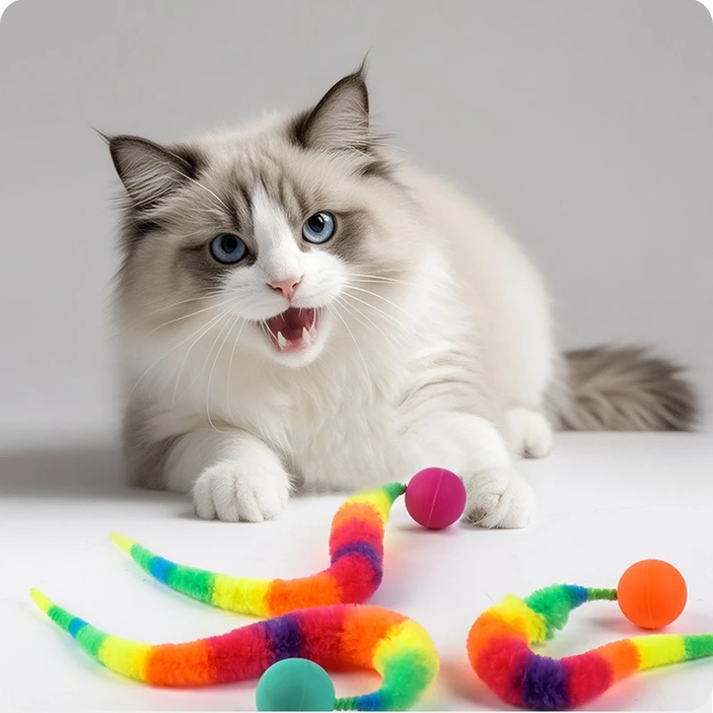 3-teiliger Katzenspielzeugball mit Schwanz, interaktives Hüpfballspielzeug für Katzen im Innenbereich, bunte flauschige Wurm-Hüpfbälle, Katzenspielzeug