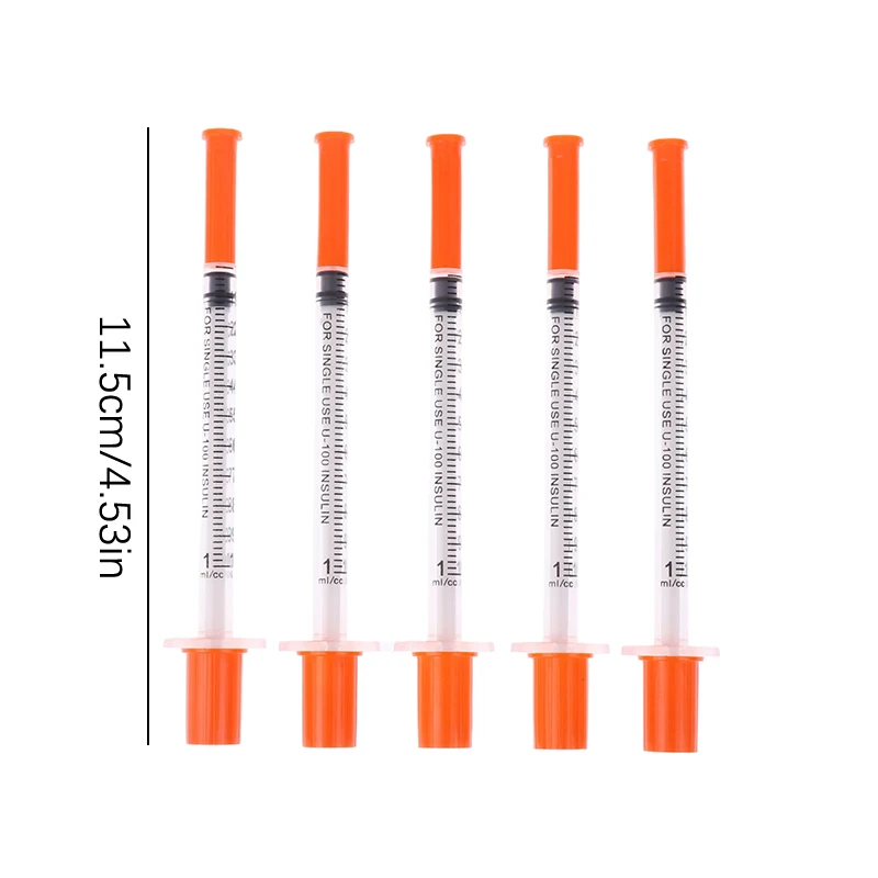 5Pcs 0.3/0.5/1ML Disposable Plastic Veterinary Syringe Orange Cap Sterile Insulin Syringe With Needles For Pet Farm Animal