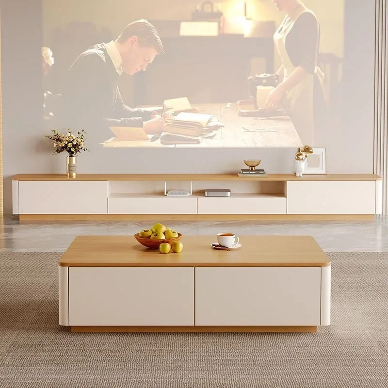 Solid wood TV cabinet coffee table combination log cream style living room household floor TV cabinet small apartment