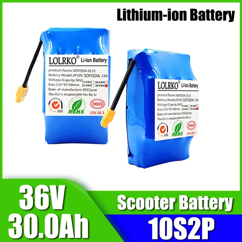36V 30Ah 10S2P battery pack, rechargeable lithium-ion battery for electric self balancing scooters