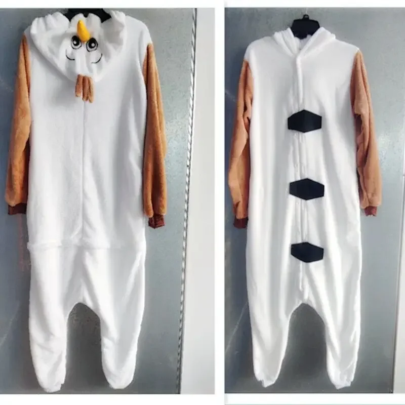 Hot Disney Frozen Olaf Snowman Cosplay Costume Anime Adult Pajamas White Jumpsuit Party Dress Fleece Cartoon Sleepwear