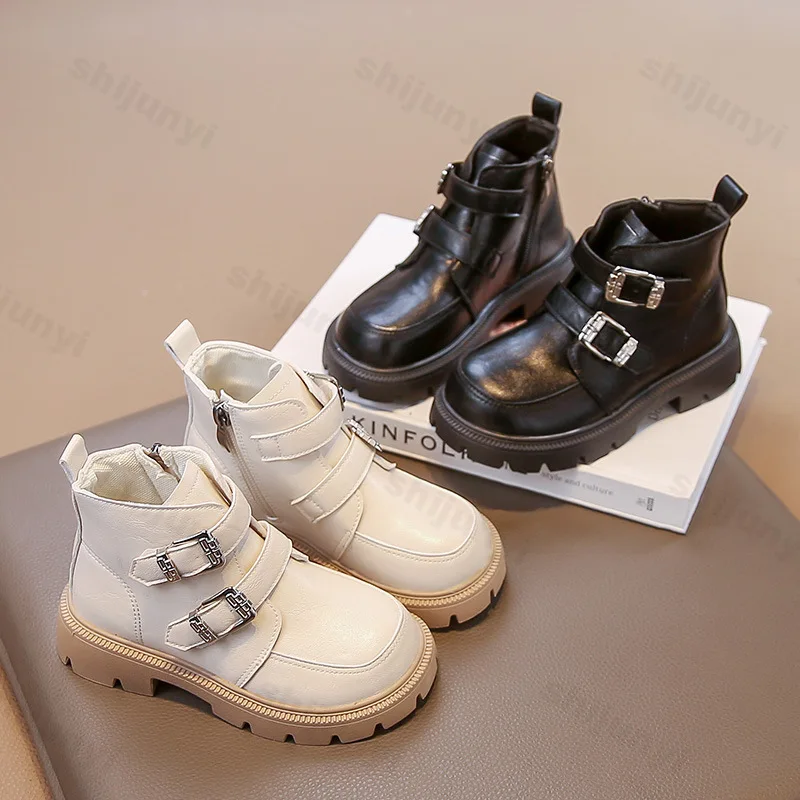 Children Short Boots 2025 Autumn New Girls Fashion Comfortable Korean Solid Color Versatile Zip PU Leather Shoes Kids Ankle Boot