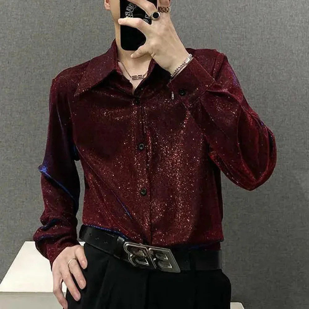 Mens Shirt Reflective Shiny Shoulder Pad Shirt Fashion Personality Temperament Performance Costume Top Men\'S Clothing Spring New