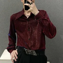 Mens Shirt Reflective Shiny Shoulder Pad Shirt Fashion Personality Temperament Performance Costume Top Men'S Clothing Spring New