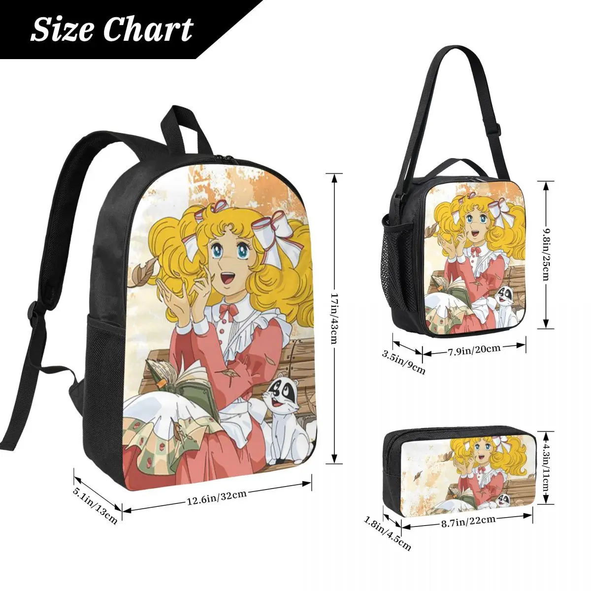 Candy Candy Anime Backpack Student BookBag School Bag Laptop Shoulder Bags 3ps Insulated Lunch Bag Pencil Case