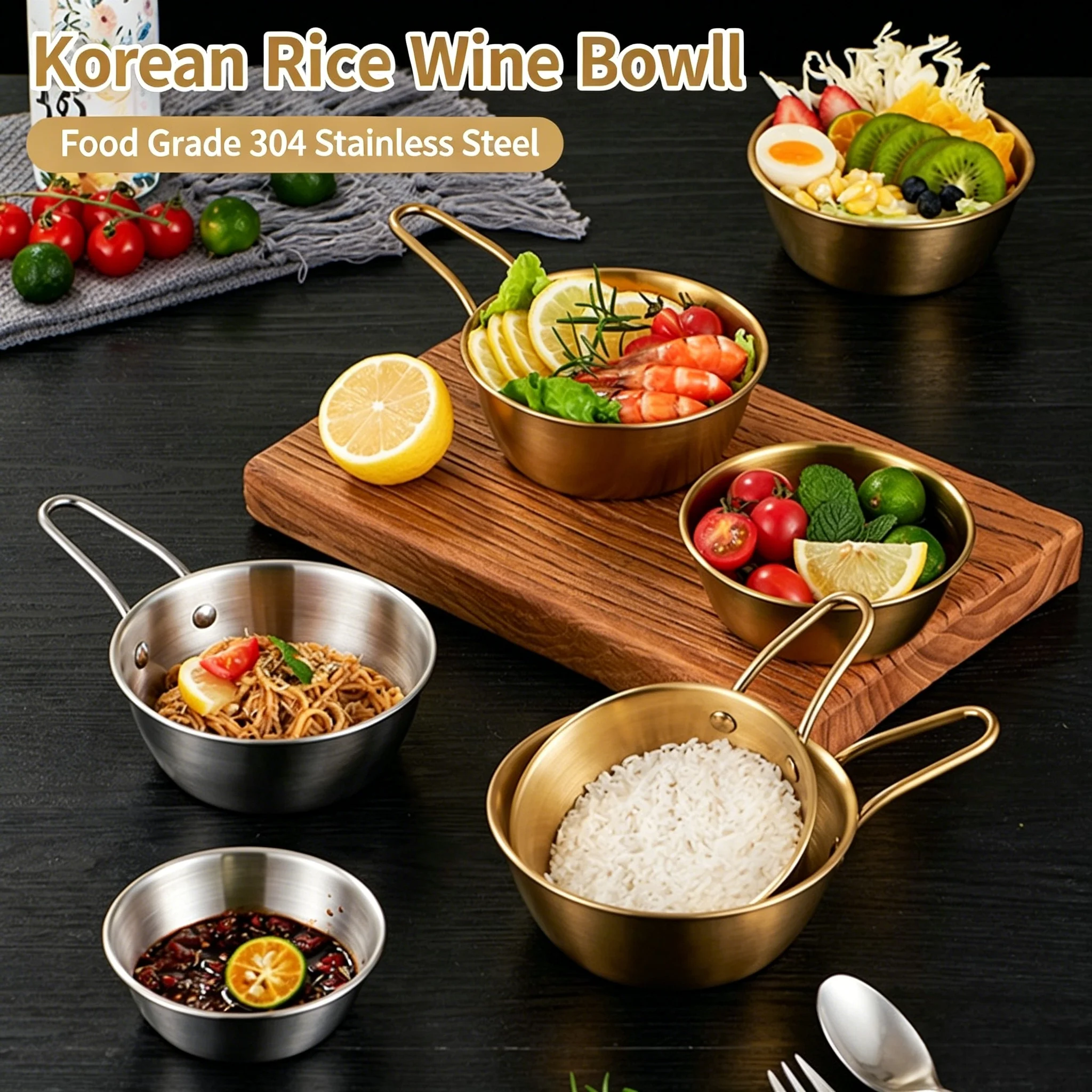 Cuenco coreano de vino de acero inoxidable 304 con asa, cuenco portátil Shira para barbacoa, restaurante, vino de arroz, sake, encurtidos y aperitivos.