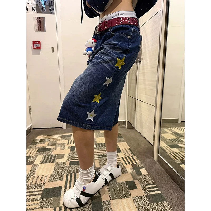 YIBASHU 2026 Summer Women American Retro Jorts Punk Denim Shorts Y2K 2000s Japanese Harajuku Blue Star Cargo Jeans Pants