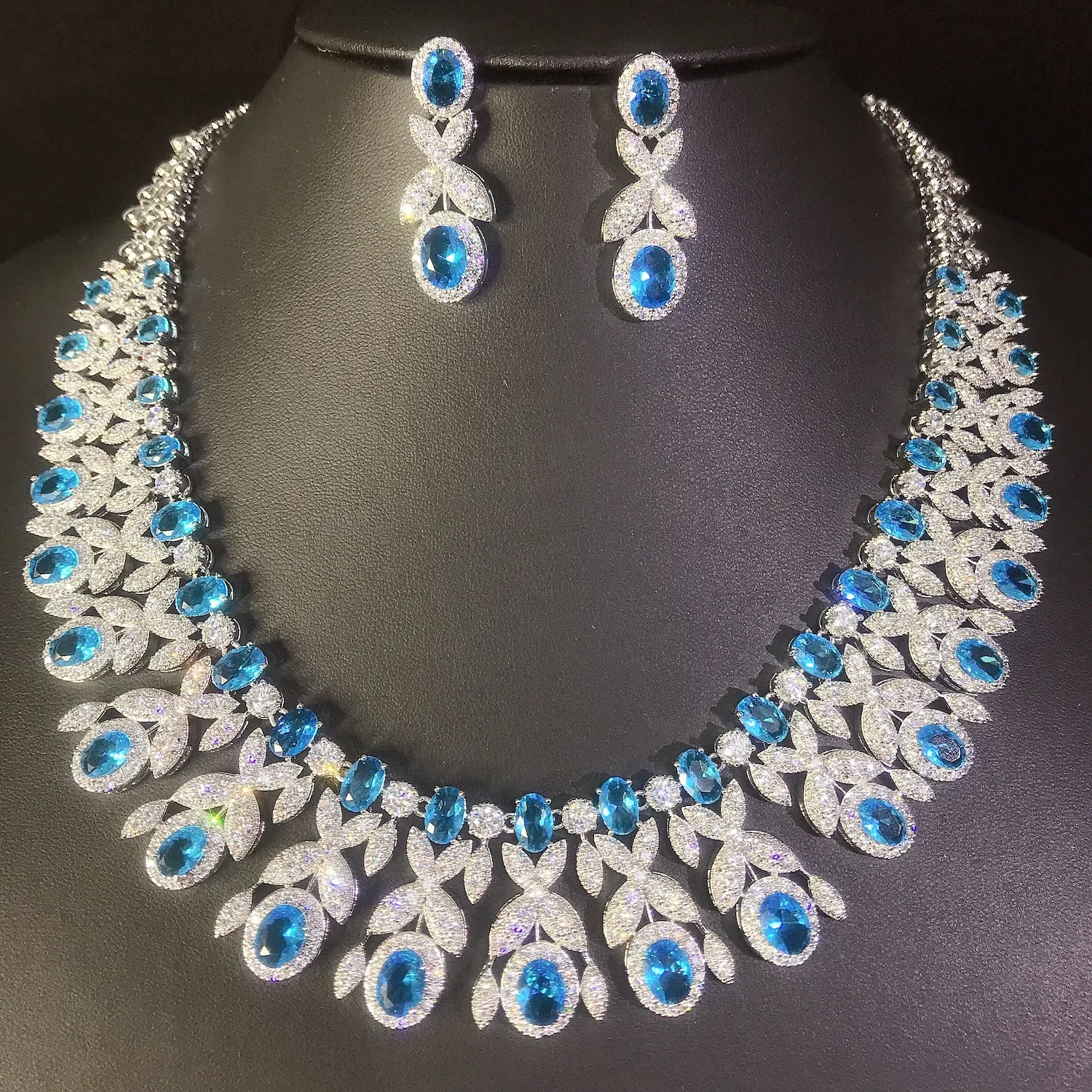 Luxury Sapphire Color Leaf & Teardrop Zircon Necklace Earring 2Pcs Set, Women Fashion Ring Jewelry, Bridal Evening Dress Accesso