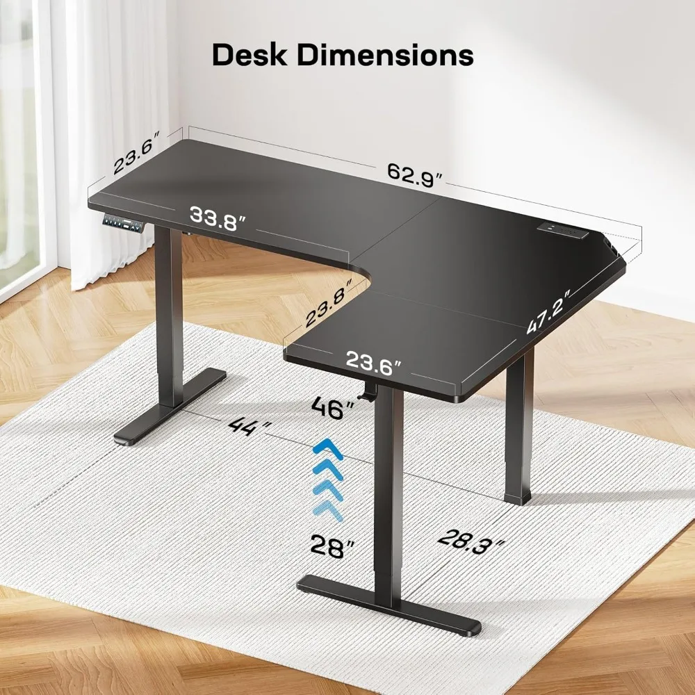 63″ Dual Motor L-Shaped Standing Desk, Built-in Power Outlets, Electric Height Adjustable Corner Computer Desk, Large Power Str