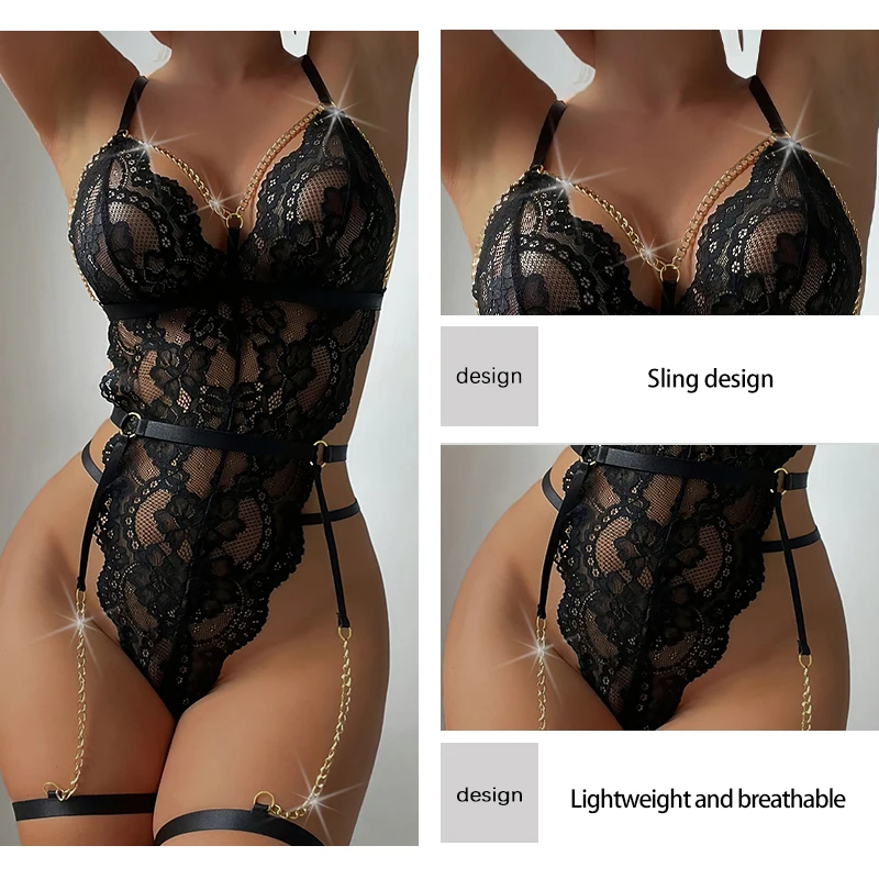 Women\'s Jumpsuit Sexy Lace Edge Perspective Hollowed out Mesh Flower Pattern Fashionable Slim Fit Underwear Exotic Style