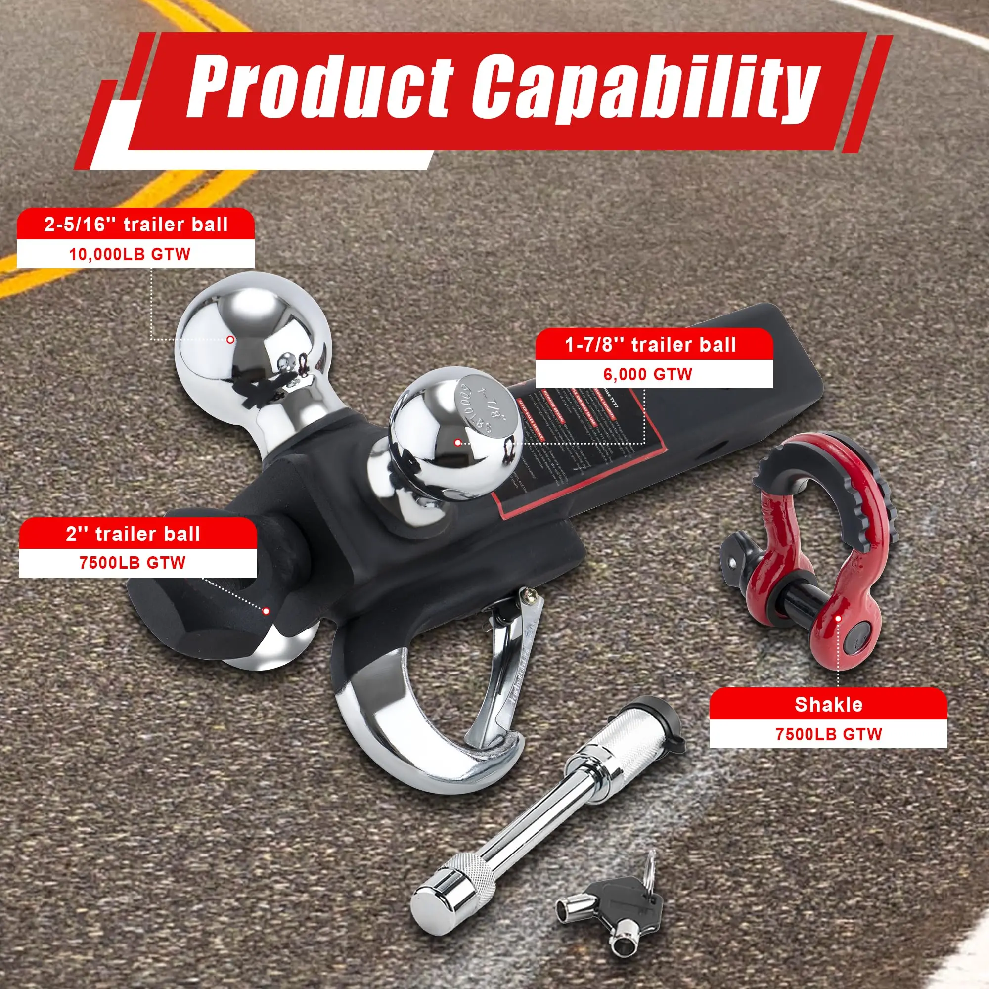 TYT Tri-Ball Hitch Mount, 2" Receiver, 1-7/8", 2", 2-5/16" Balls, Tow Hook & Clevis Shackle with Locks Black Trailer Hitch view 3