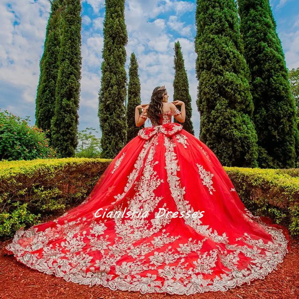 

Красное бальное платье с оборками и открытыми плечами, платья для Quinceanera, с блестящими кристаллами, с аппликацией, кружевной корсет, платья для XV лет