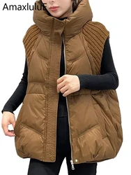 Amax luluE Winter Womens Fashion Knitted Design Duck Down Vest Ladies Leisure Loose Warm Hooded Sleeveless Coats Snow Waistcoats