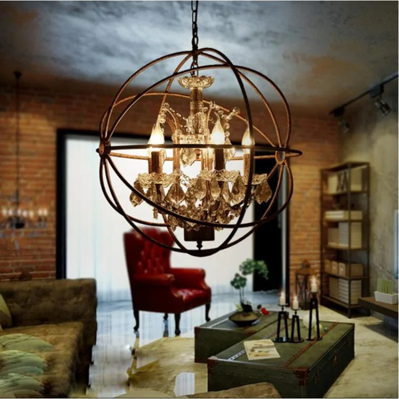 American Retro Crystal Chandelier Spherical Wrought Iron Pendant Lights Living Room Restaurant Hotel Bedroom Candle Hanging Lamp