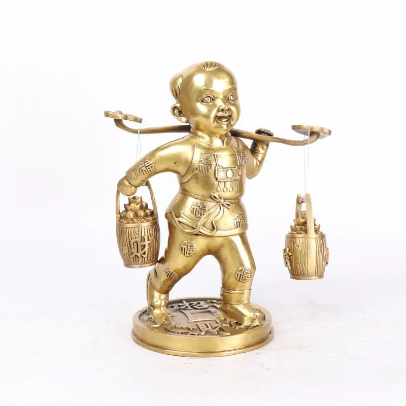 Copper Lucky Child Figurine, Handcrafted Ornament with a Bucket of Gold, Home and Office Decoration