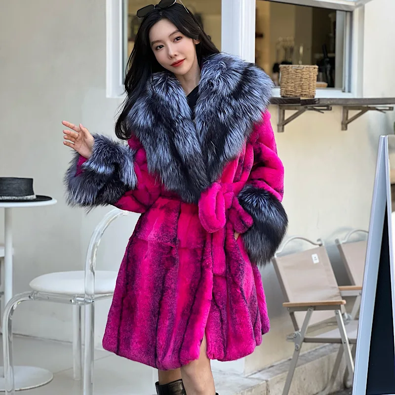 

2023 New Winter Women Real Rex Rabbit Fur Coats With Fox Lapel Collar Natural Medium Whole Skin Genuine Jackets Overcoat Luxury