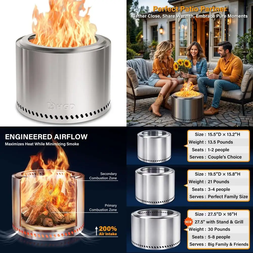 

stainless steel outdoor fire pit, 15.5" smokeless wood burner with secondary combustion for patio use