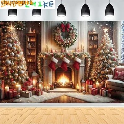 

Christmas Day New Year Party Photography Backdrops Prop Window Living Room Interior Xmas Tree Snow Theme Photo Background GH-31