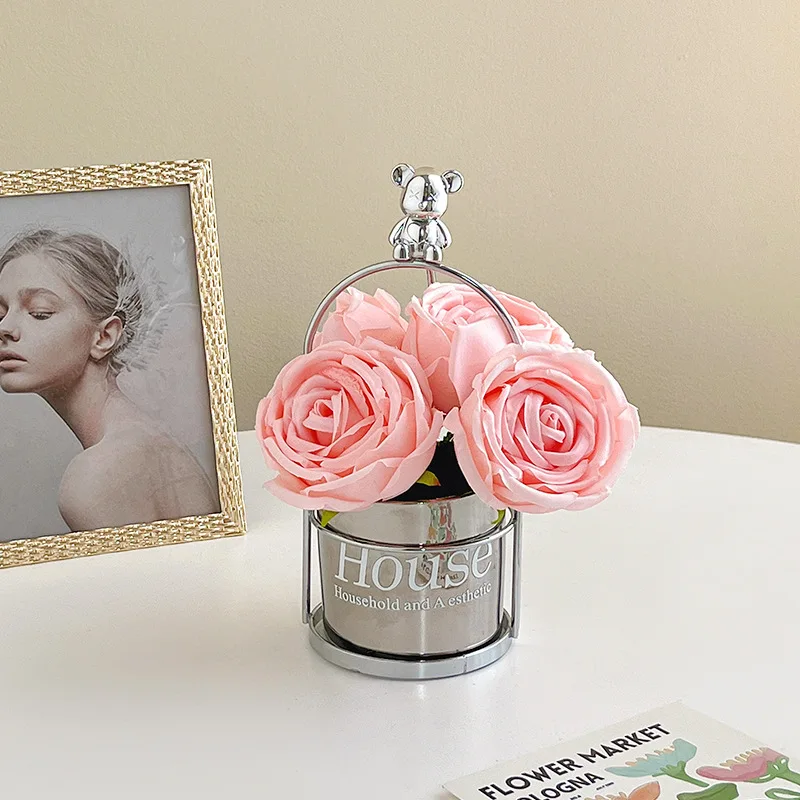 

Multicolor Rose Flower Basket Suit Home Entry Luxury Ceramic Iron Flower Pot Floral Ornaments Dining Table Flower Decorations