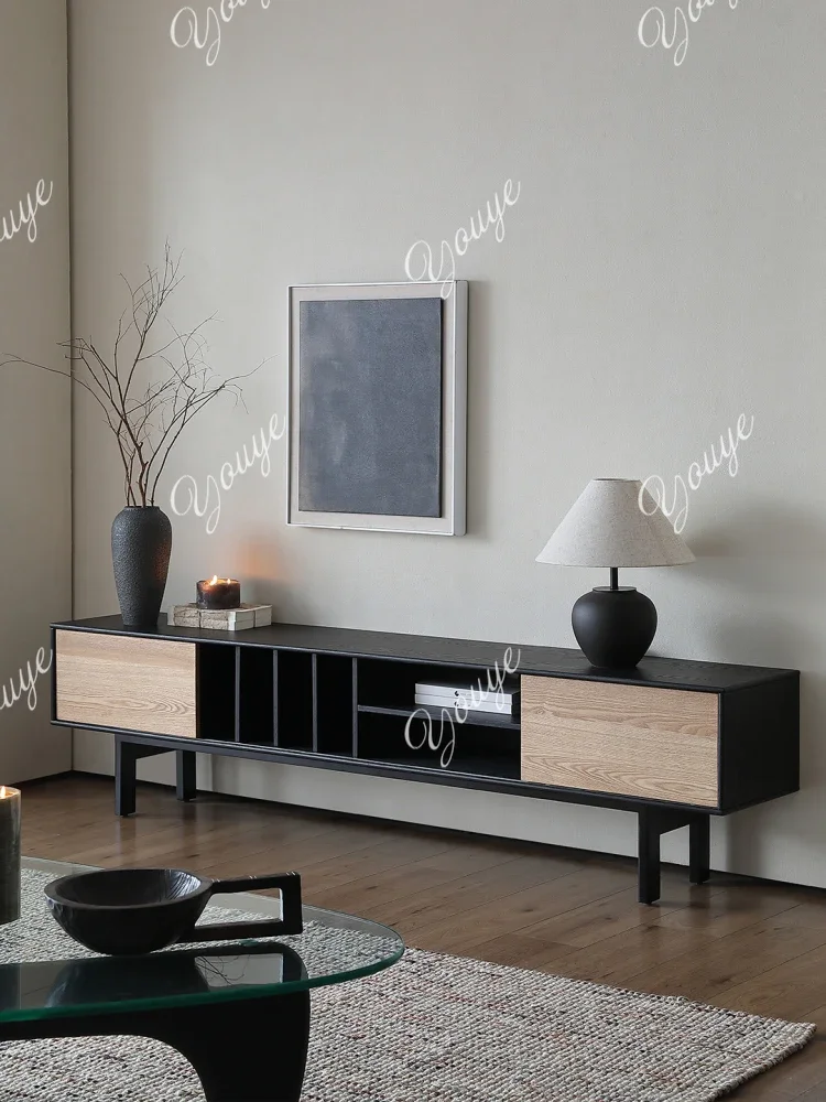 

J Medieval Wabi Sand Solid Wood TV Cabinet Simple Modern Log High-end Living Room Home Black High-footed Floor Cabinet