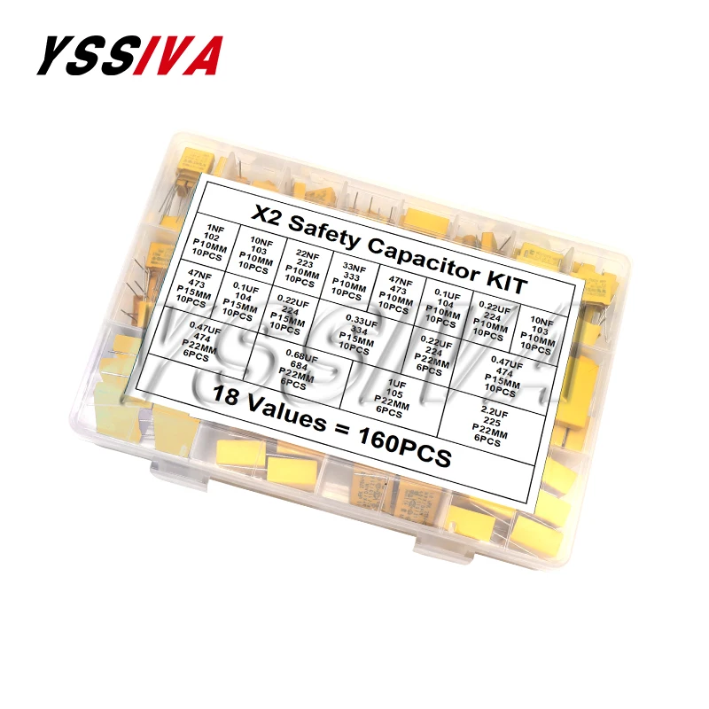 160pcs Polypropylene Film X2 Safety Capacitor Assorted Kit 275VAC 18Values 102K-225K 1NF-2.2UF Sample Set