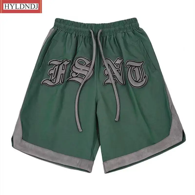 Shorts de streetwear casual de cinco pontas masculino, bordado com letra vintage, elástico na cintura, roupa exterior solta, verão, novo, 2022