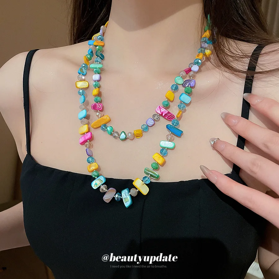 Irregular Multicolor Stone Crystal Beaded Necklace Irregular Shaped Beads Bohemian Layered Neck Chain For Casual Vacation Wear