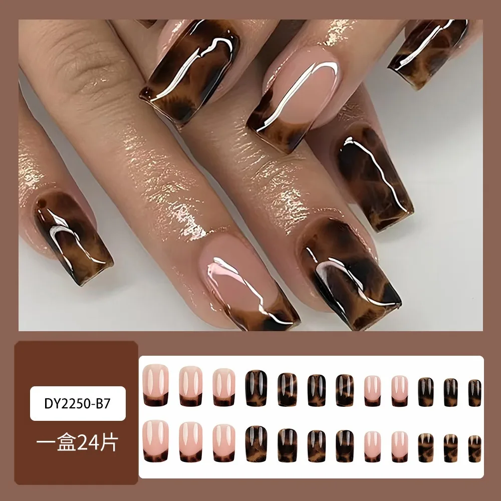 طويل عارية الفرنسية الصحافة على الأظافر 24 قطعة ليوبارد طباعة الأظافر كاذبة خمر نمط غطاء كامل الغراء على الأظافر الاصطناعية