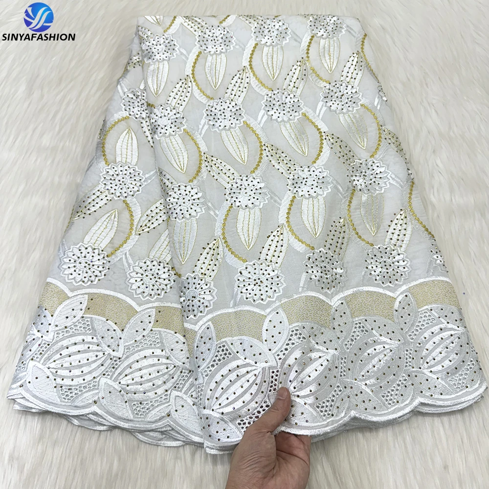 

Sinya African Embroidered 100% Cotton Lace Fabric With Stones Swiss Luxury lace High Quality Voile Lace For Wedding Party